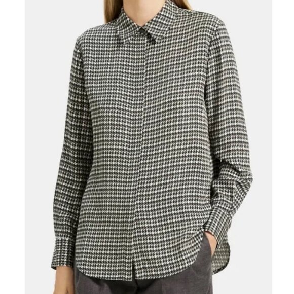 THEORY Relaxed Shirt Houndstooth Print High Low Hem Concealed Button Size S - Picture 1 of 6